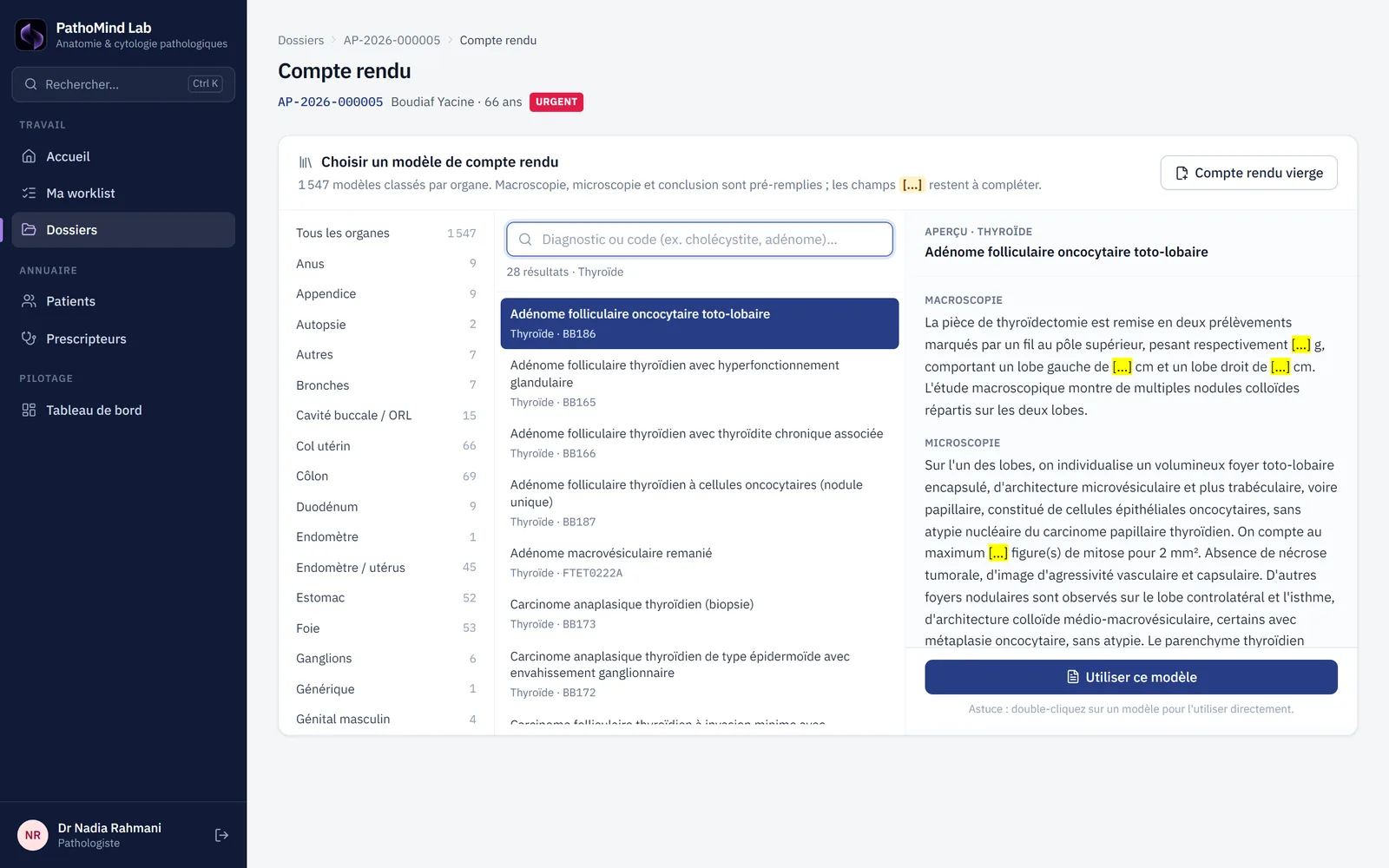 Sélection d'un modèle de compte rendu par organe