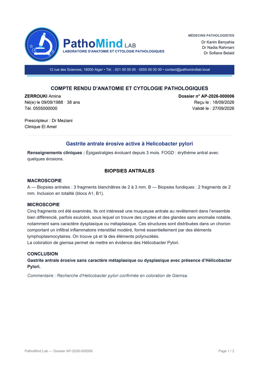 Exemple de compte rendu PDF à l'en-tête du laboratoire (données fictives)